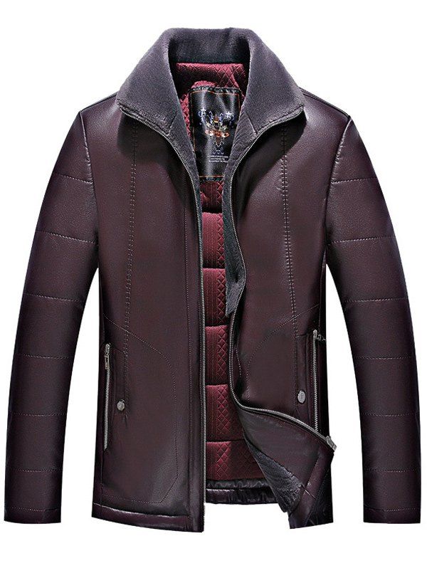 Turndown Collar Zipper Up PU Leather Jacket, Purplish red 
Turndown Collar Zipper Up PU Leather Jacket, Purplish red
