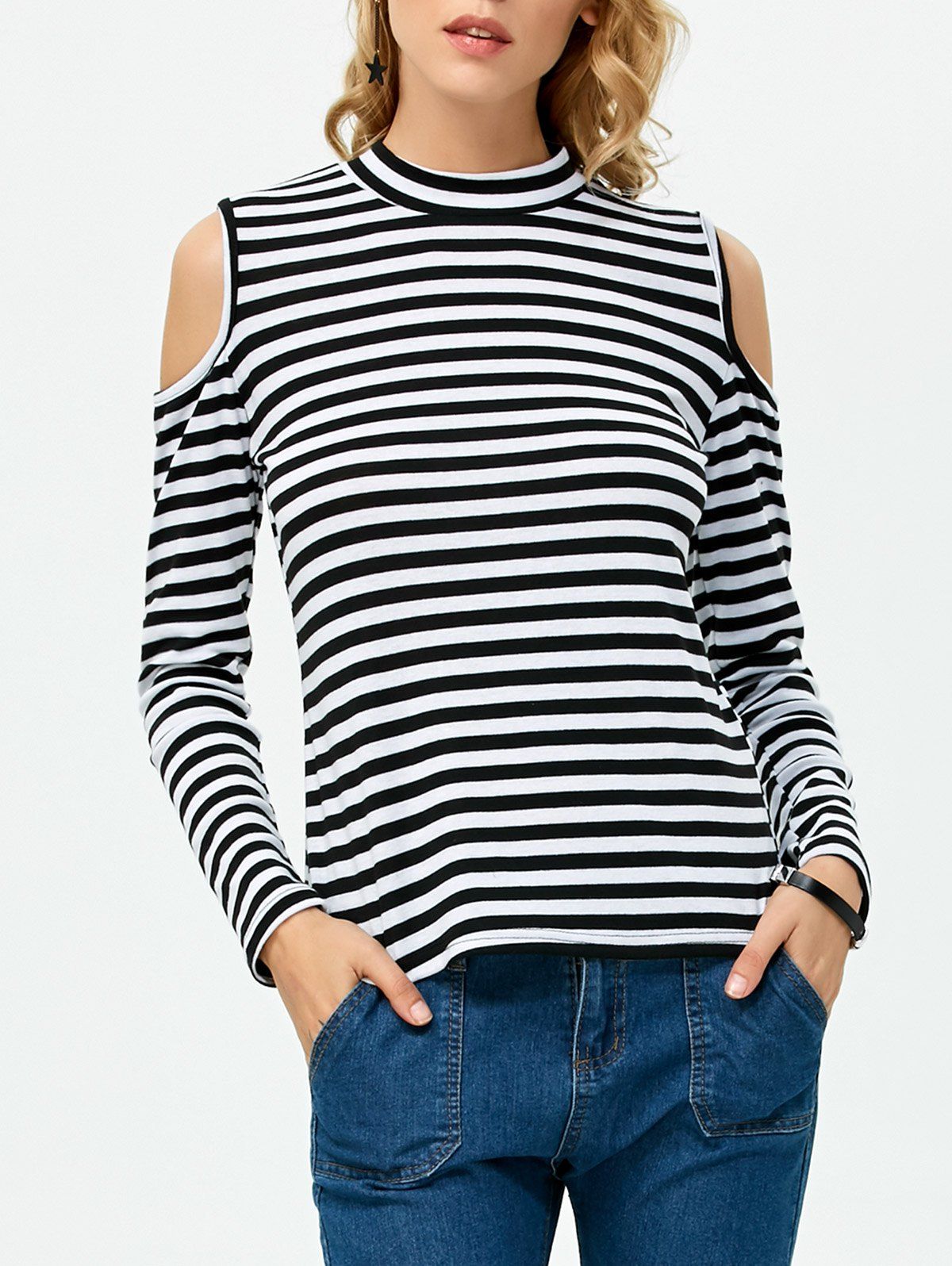 High Neck Cold Shoulder Stripe Tee, White and black