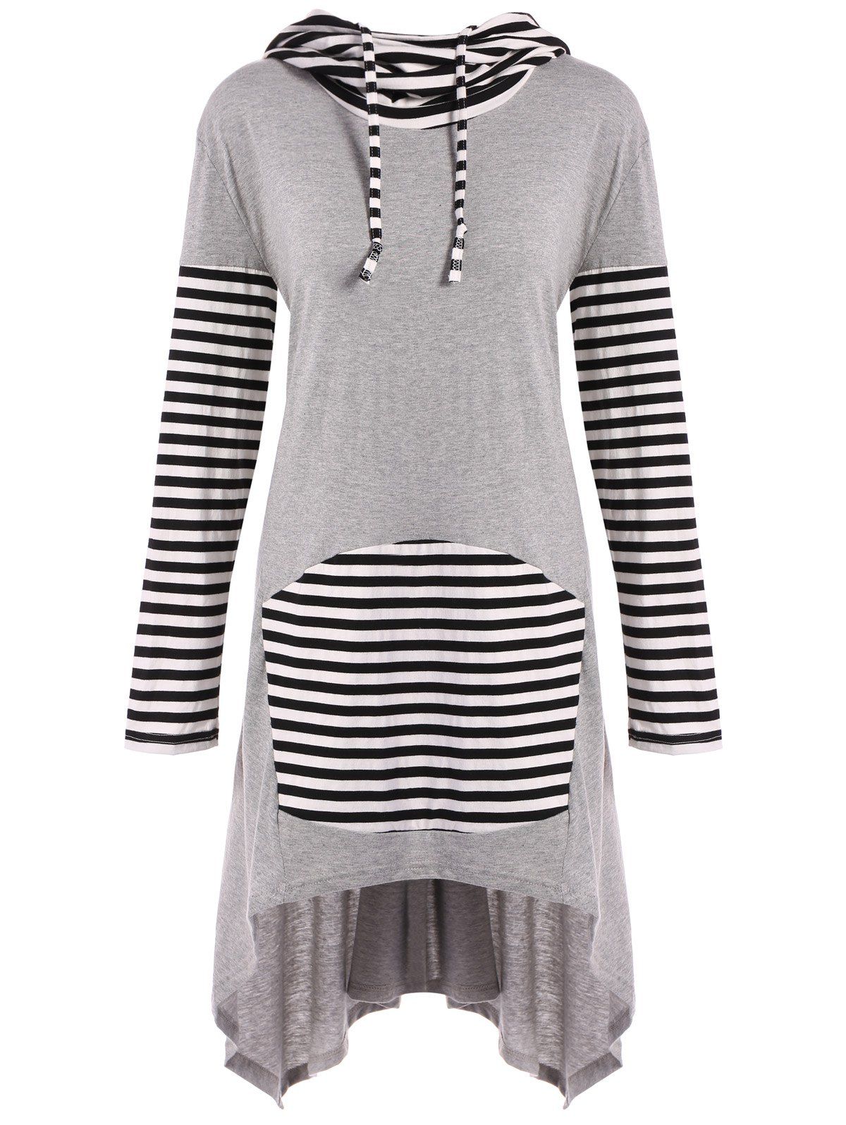 Hooded Asymmetrical Stripe Insert Dress, Gray