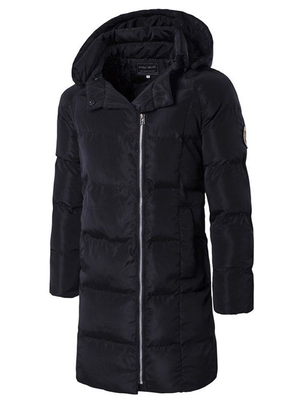 Side Zip Up Patched Hooded Padded Coat, Black