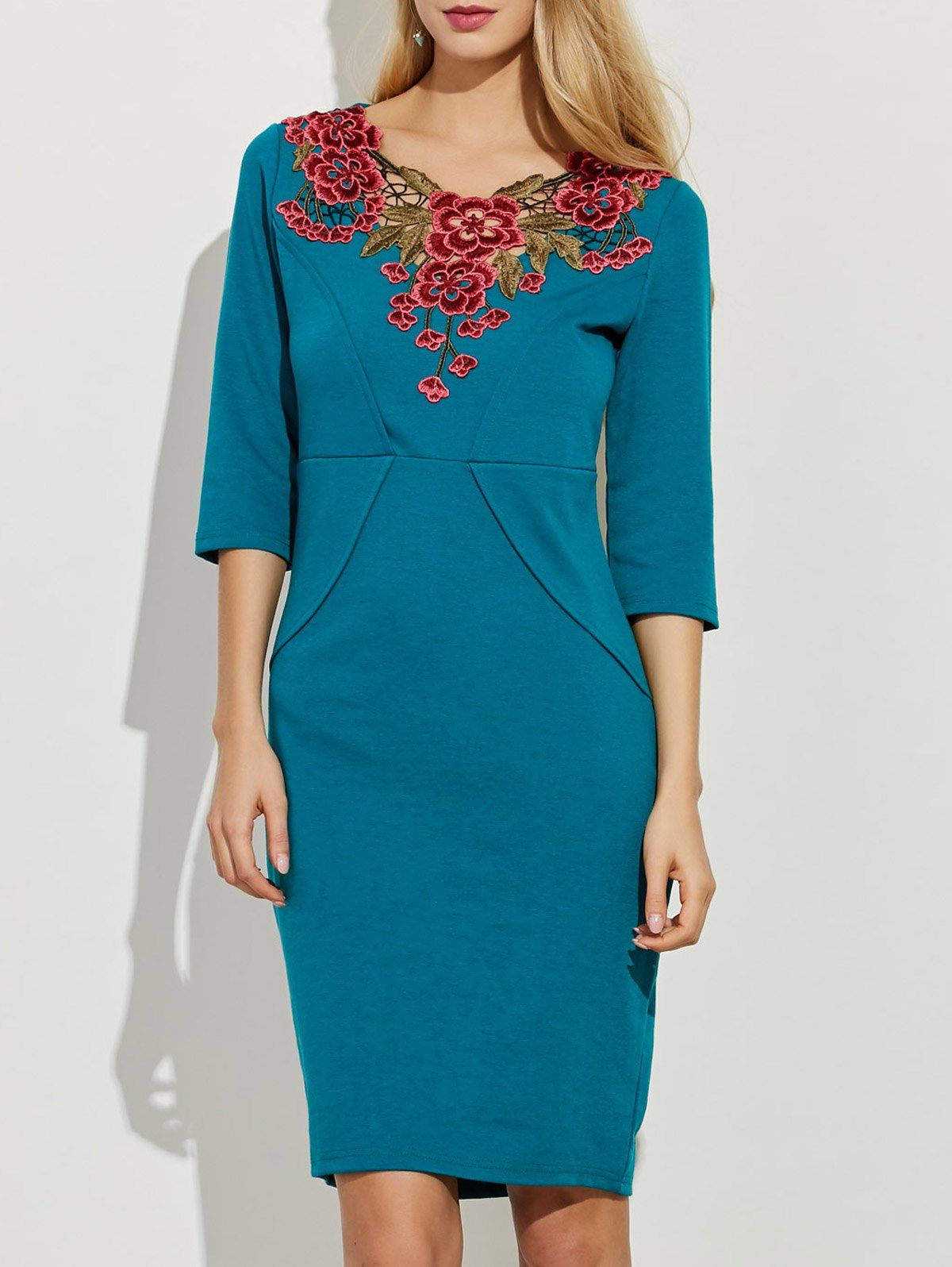 Floral Embroidery Openwork Sheath Dress, Blue green