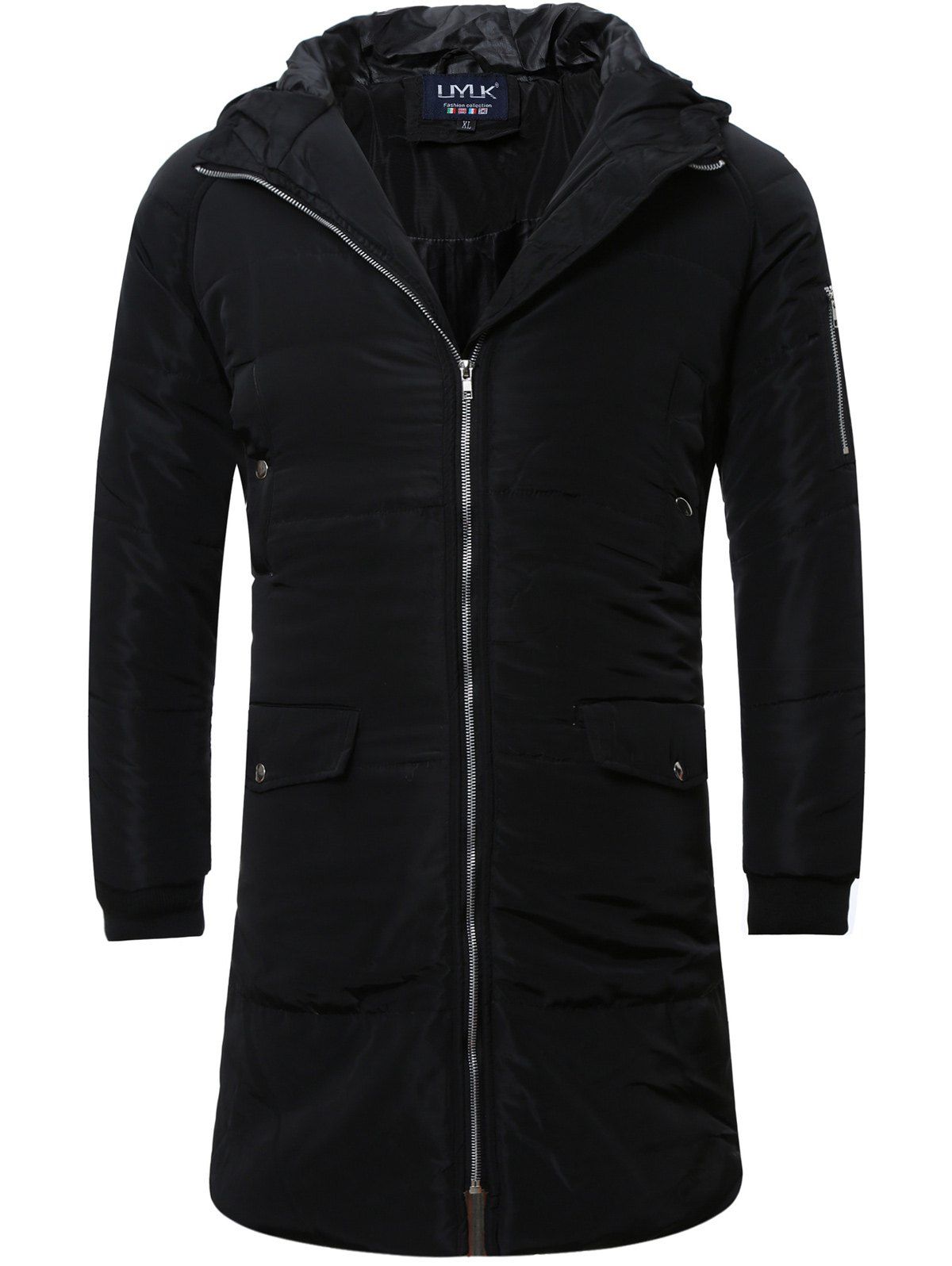 Zipper Up Cuffed Hooded Quilted Coat, Black