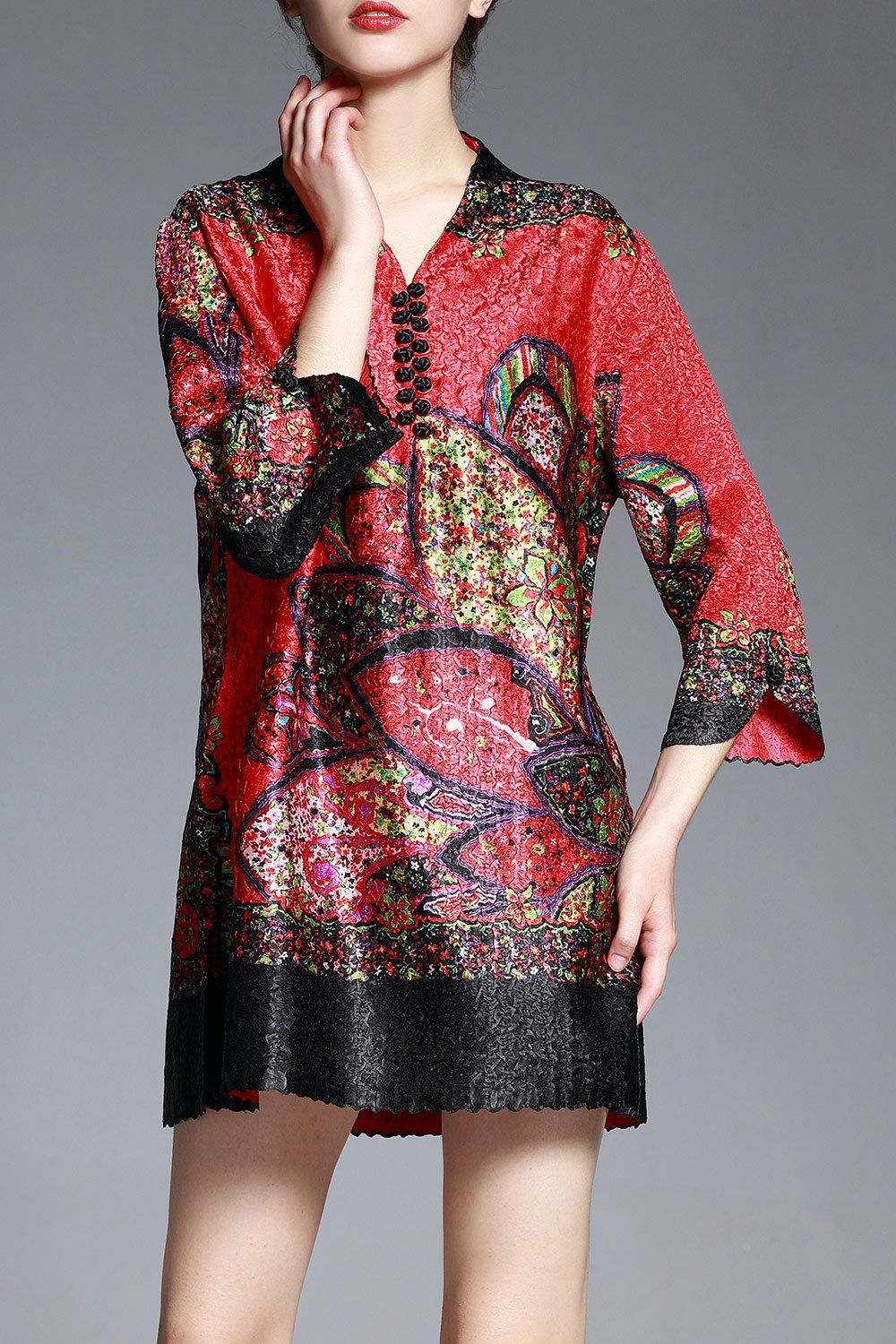 V Neck Shift Dress With Floral Print, Red
