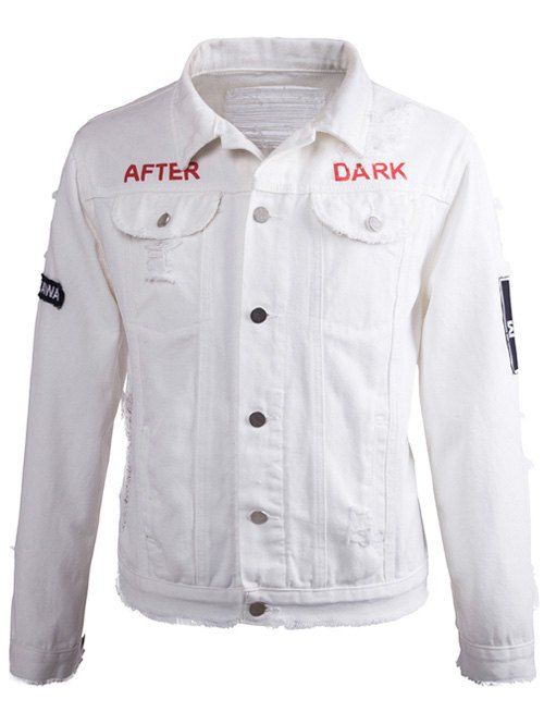 Distressed Buttoned Printed Denim Jacket, Milk white