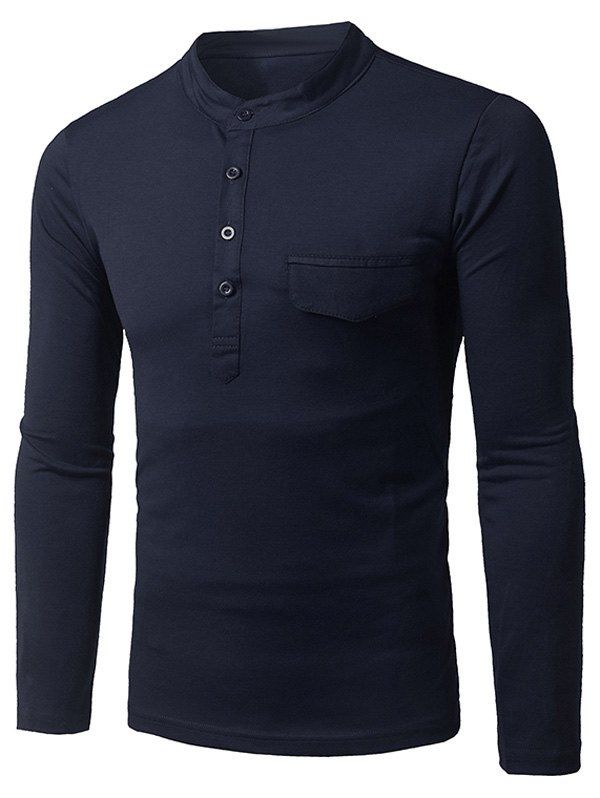 Long Sleeve Grandad Collar Half Button Pocket T-Shirt, Cadetblue