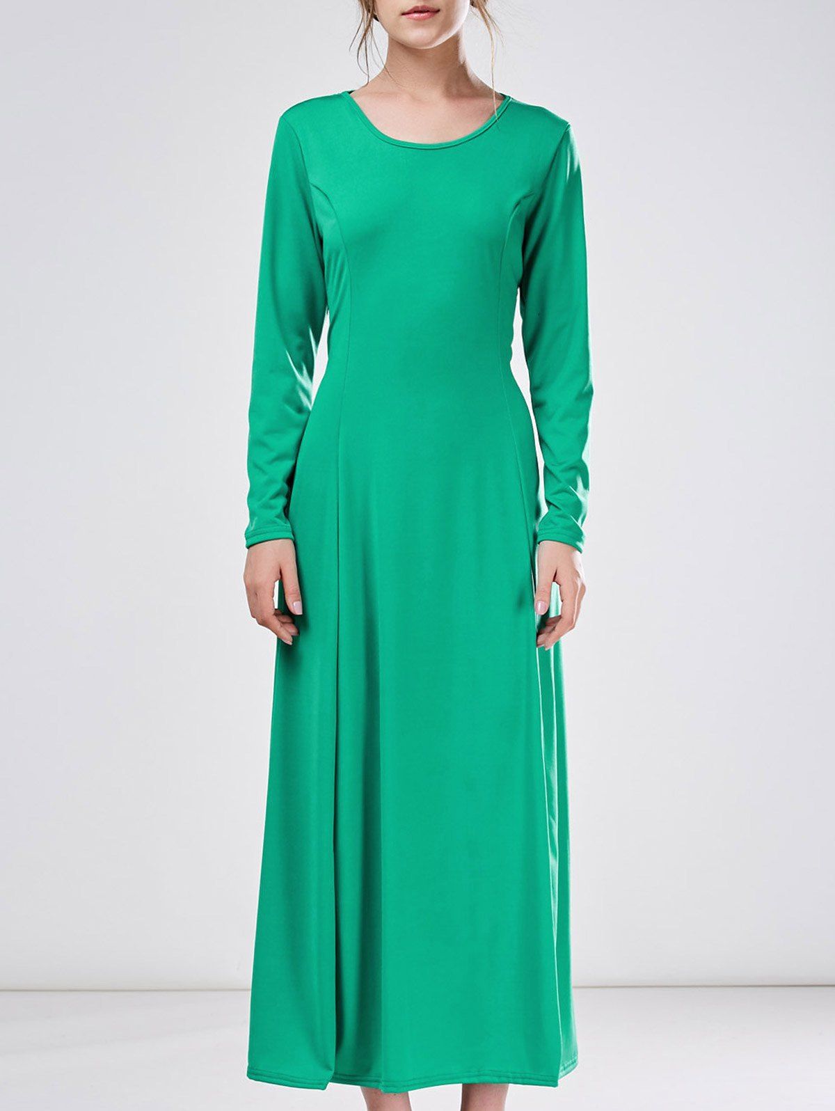 Long Maxi A Line Formal Dress with Sleeves, Green