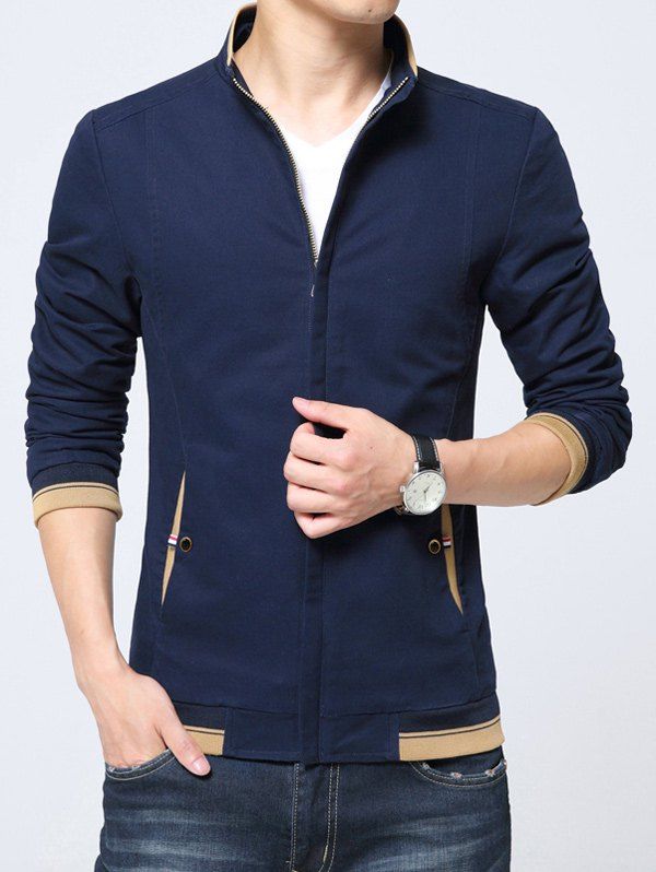 Zip Up Pocket Contrast Trim Jacket, Cadetblue