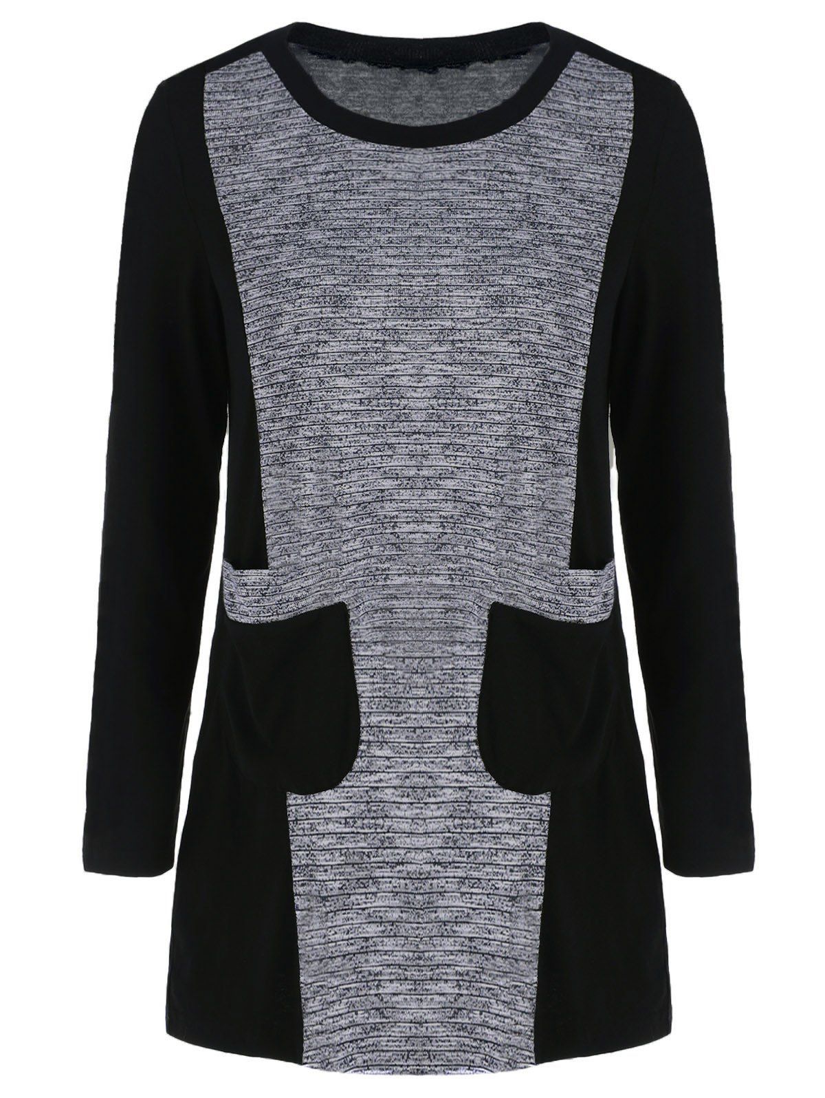 Crew Neck Color Block Longline T-Shirt, Black and grey
