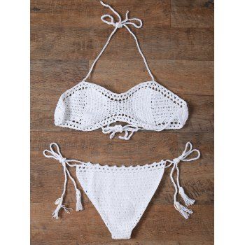 Sexy Halter Crochet Solid Color Women S Bikini Set White One Size