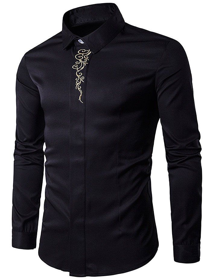 Embroidered Turndown Collar Long Sleeve Shirt, Black