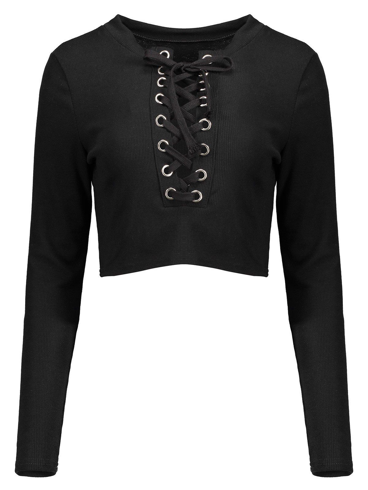 Lace Up Long Sleeves Crop Top, Black