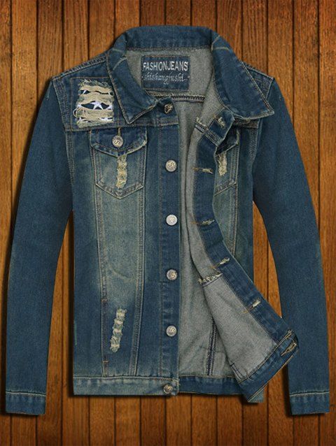 Off Flap Pocket Ripped Denim Jacket In Denim Blue Dresslily