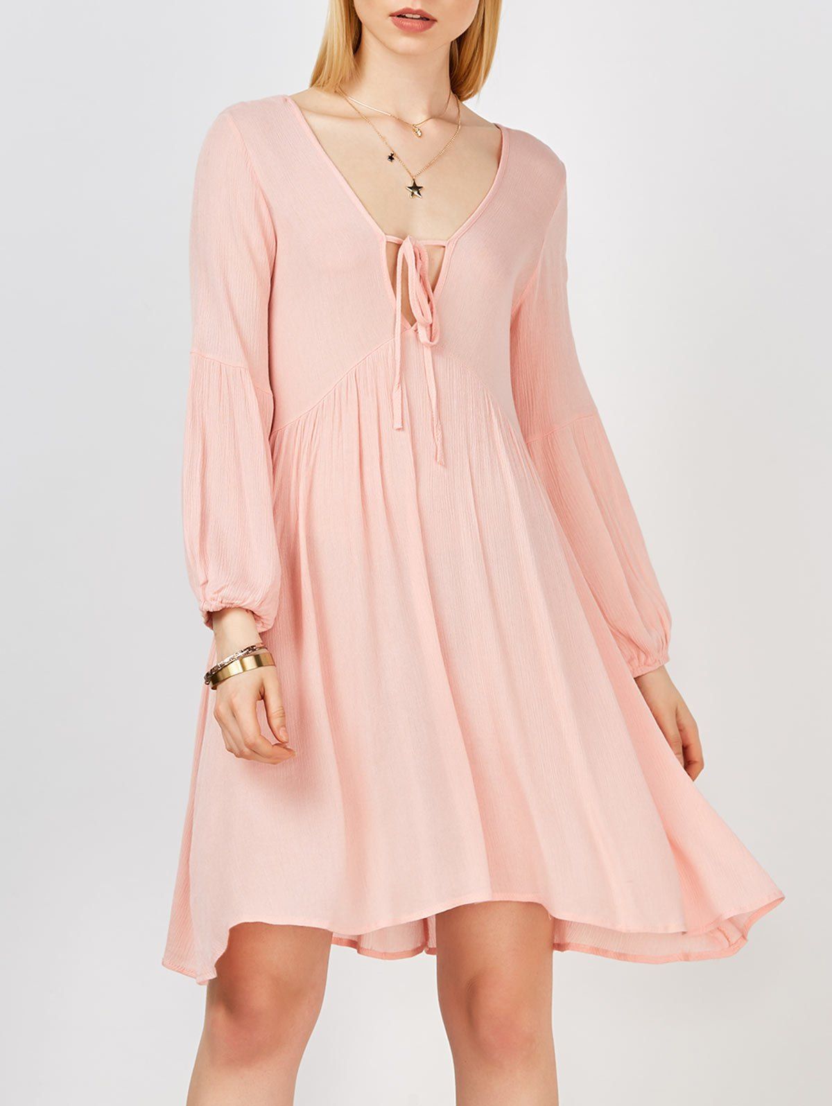 Self Tie Crinkled Plunging Neck Dress, Pink