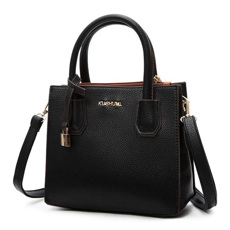 Pendant Letter Textured PU Leather Handbag, Black
