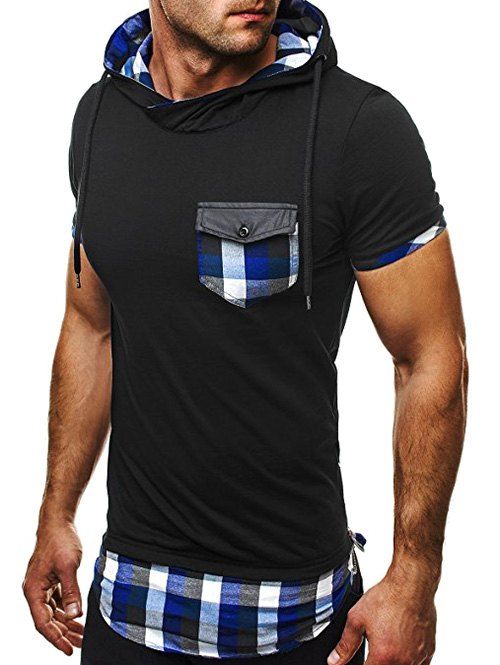 Plaid Insert Side Zip Hooded Tee, Black and blue