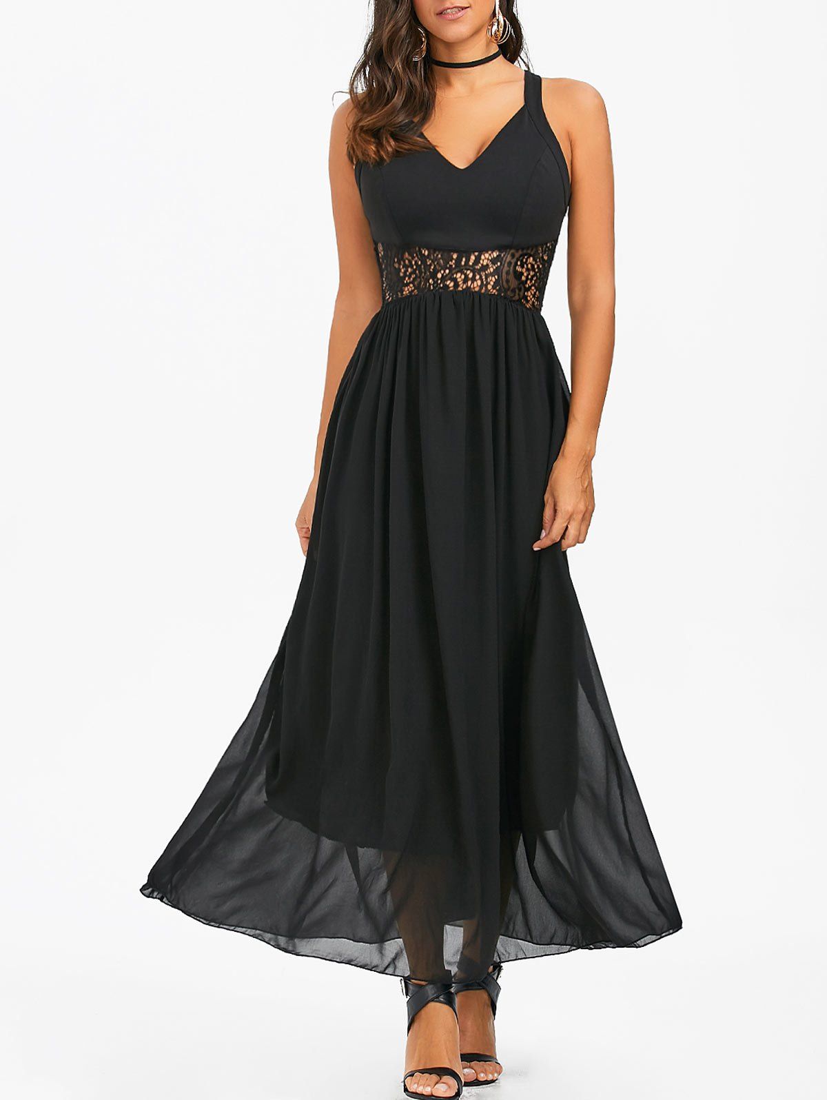 V Neck Lace Panel Chiffon Maxi Dress, Black