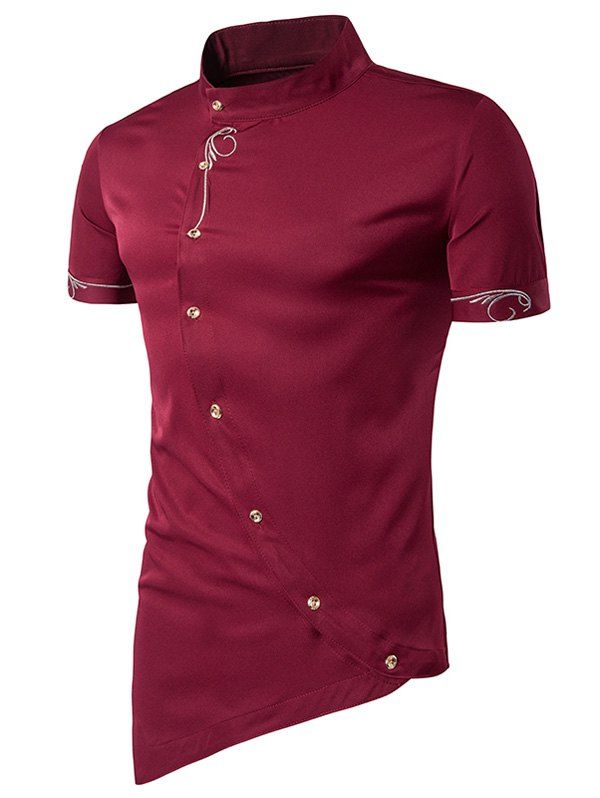 Short Sleeve Mandarin Collar Embroidered Novelty Shirt, Red