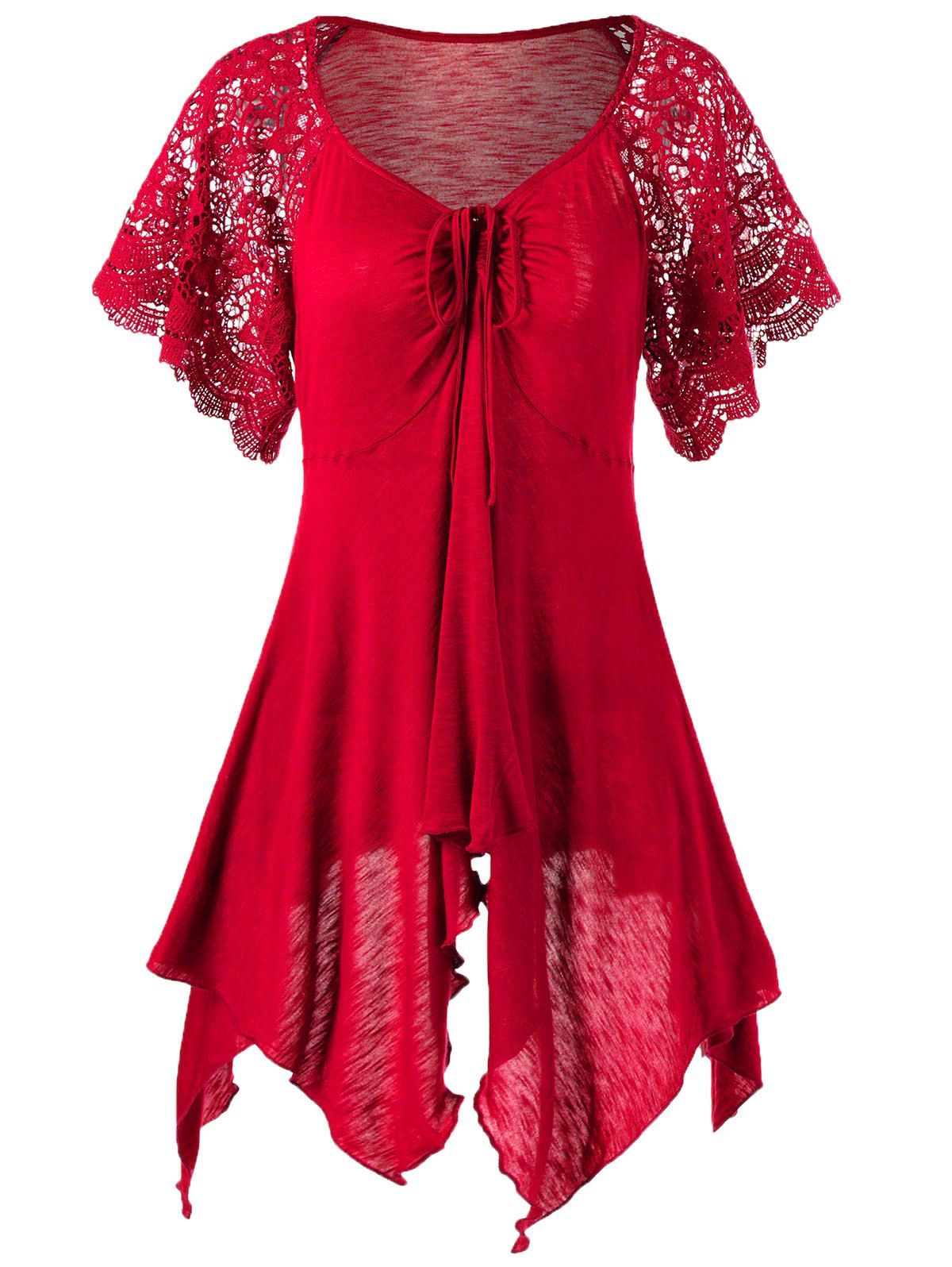 Plus Size Lace Sleeve Self Tie Handkerchief Top, Red 
Plus Size Lace Sleeve Self Tie Handkerchief Top, Red