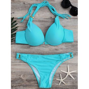 Off Halter Lace Up Fringe Design Solid Color Bikini Set In