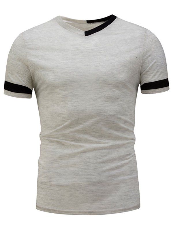 Color Block Panel Varsity Stripe V Neck T-Shirt, Gray