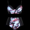 Plus Size Floral Underwire High Waist Bikini Set In Black Xl