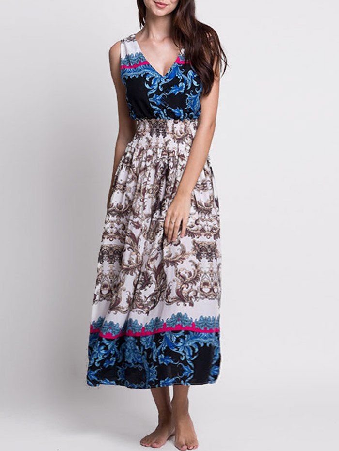 V Neck Printed Bohemian Tea Length Dress, Colormix