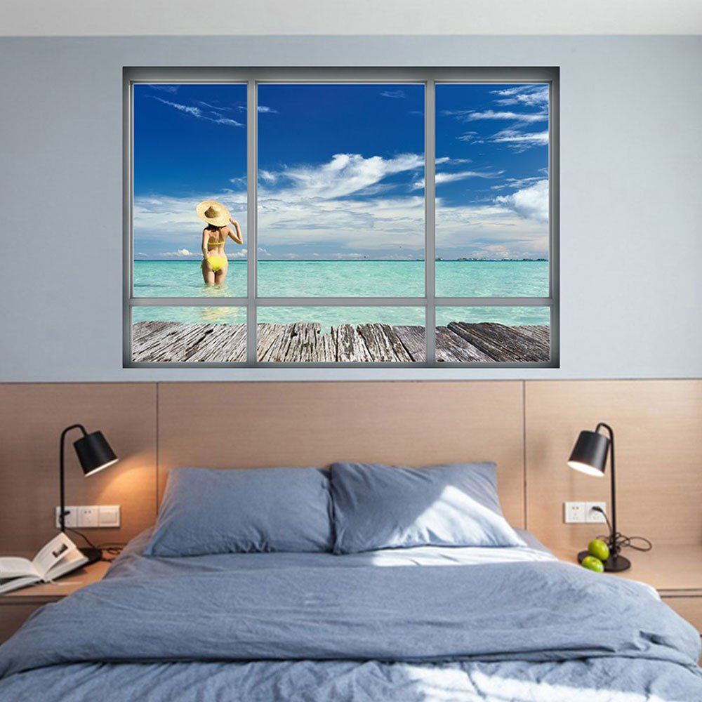 Window Beach Landscap Bedroom Wall Art Sticker, Blue