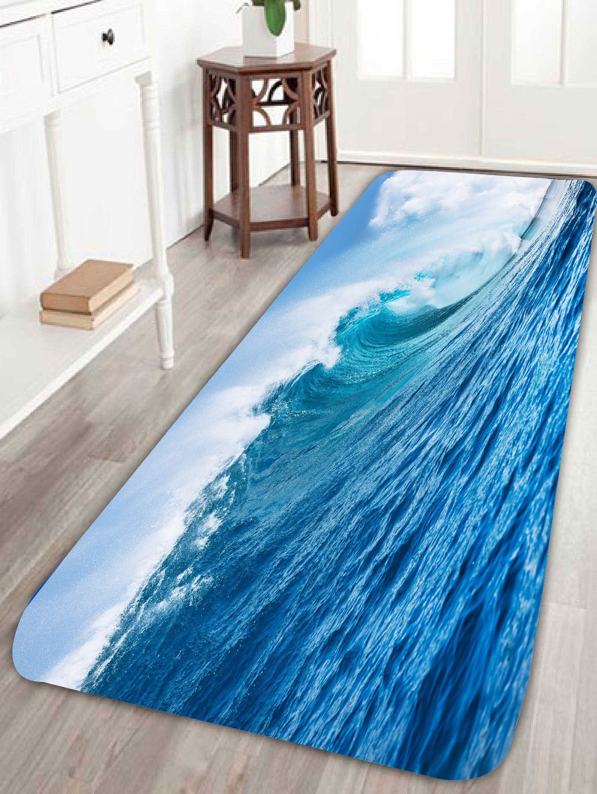 Skid Resistance Sea Beach Print Bath Rug, Light blue