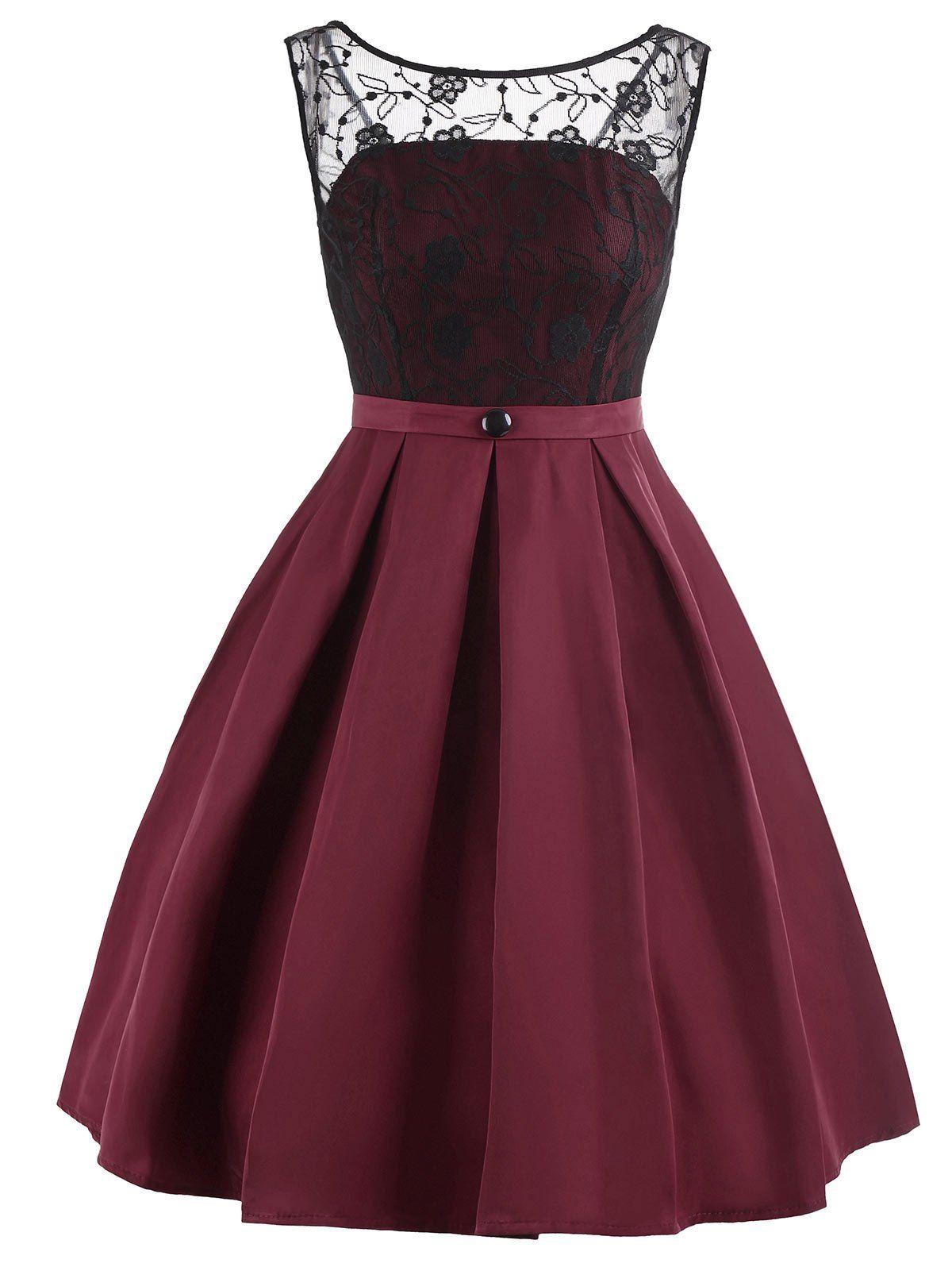 Retro Lace Panel Fit and Flare Dress, Wine red