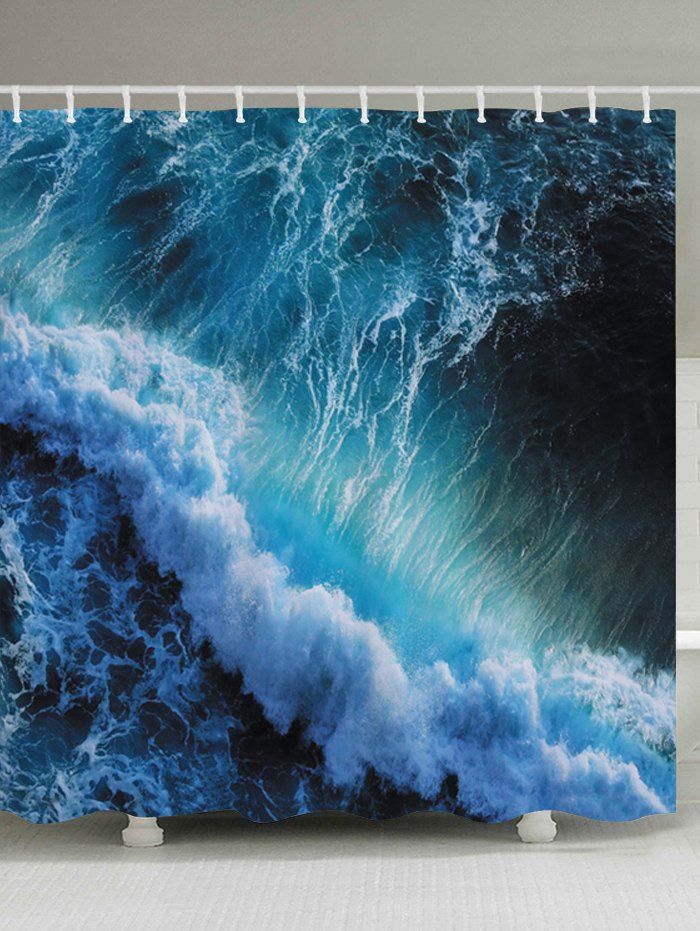 Ocean Wave Print Fabric Bathroom Shower Curtain, Ocean blue