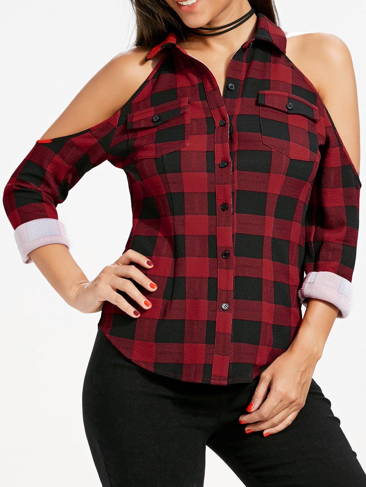 Flap Pockets Plaid Cold Shoulder Shirt, Red