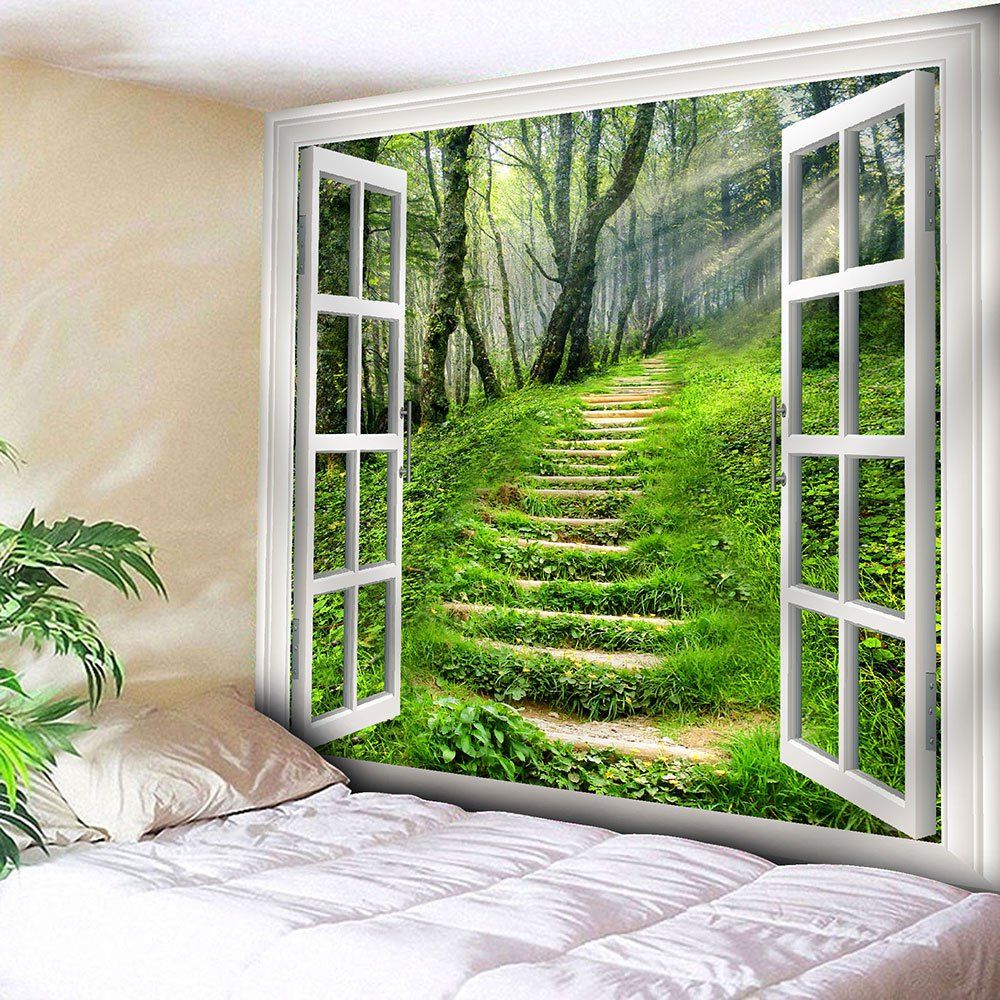 

Window Forest Path Wall Hanging Tapestry, Green