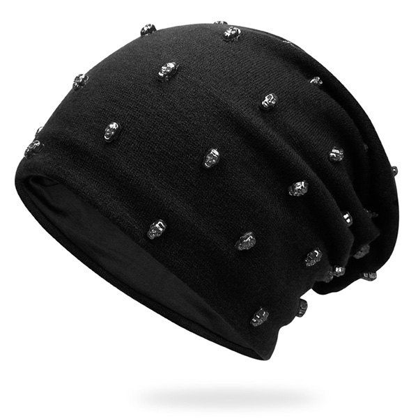 

Tiny Skull Rivet Embellished Hip-Hop Beanie Hat, Black