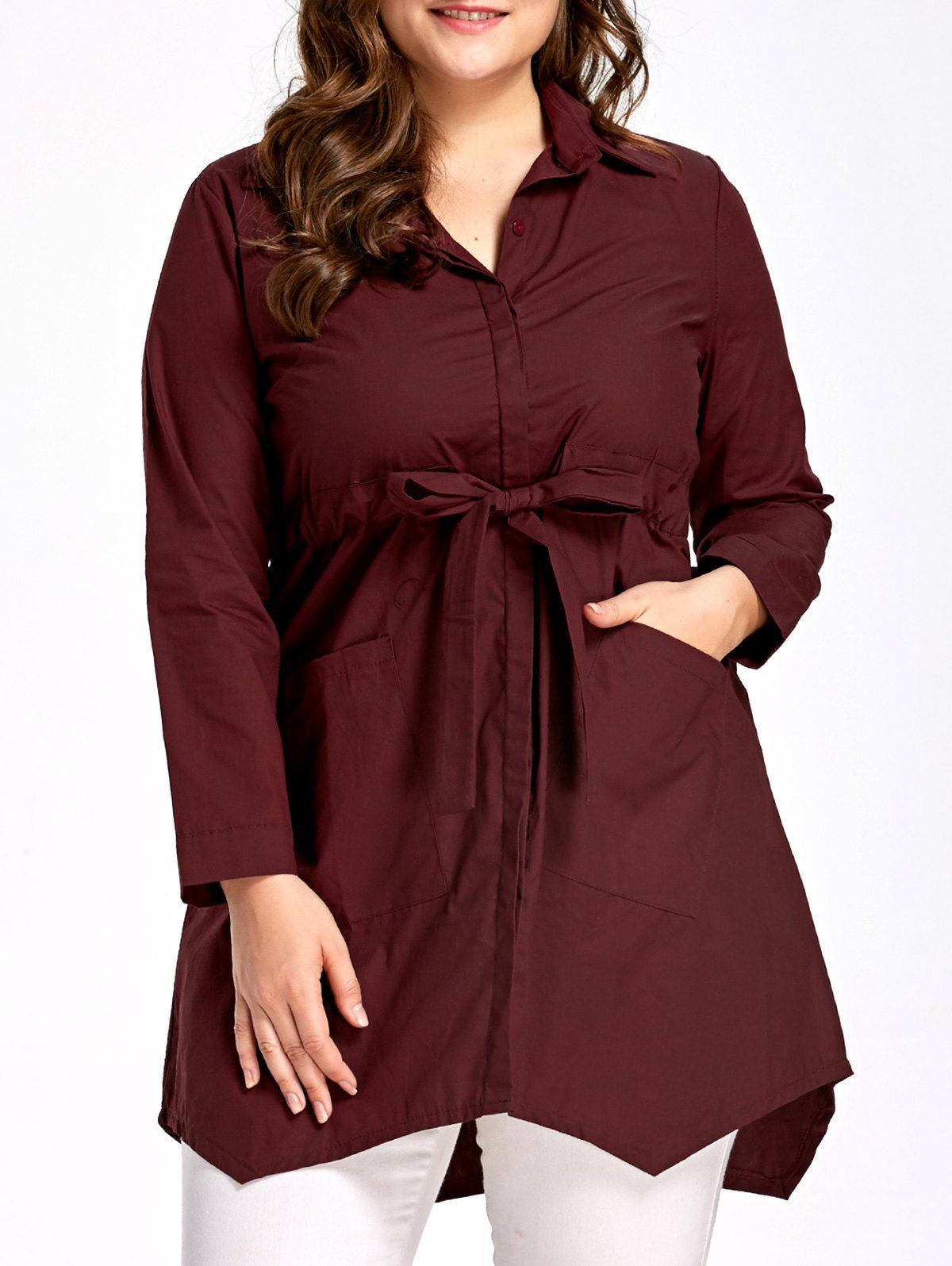 Bowknot Plus Size Pockets Tunic Top, Wine red