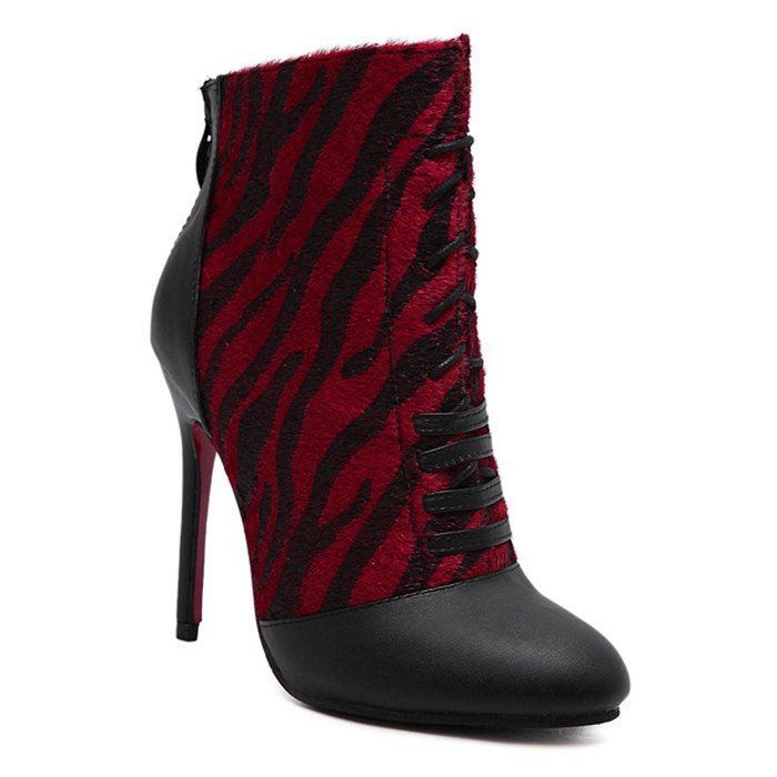 Lace Up Zip Stiletto Heel Boots, Wine red