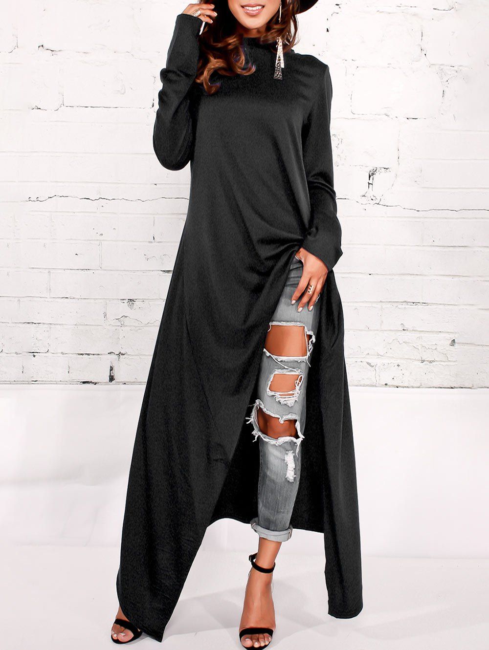 Asymmetrical Pullover Maxi Hoodie, Black