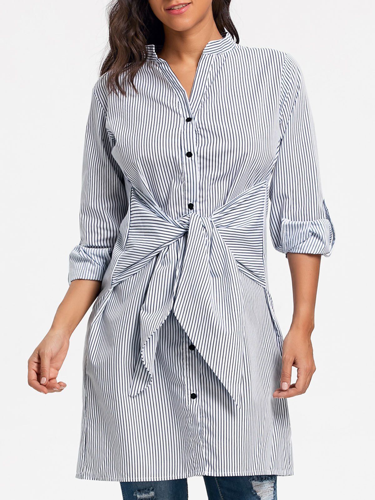 V Neck Striped Tie Up Shirt Dress, Stripe
