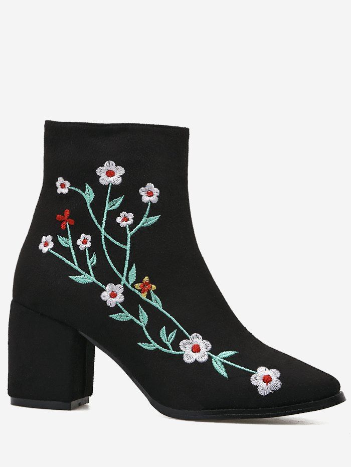 

Embroidery Floral Chunky Ankle Boots, Black