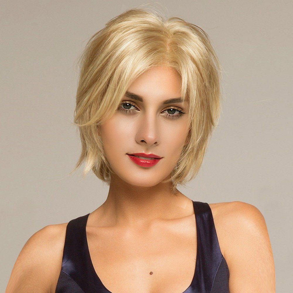 

Short Side Parting Shaggy Straight Human Hair Lace Front Wig, Golden brown with blonde
