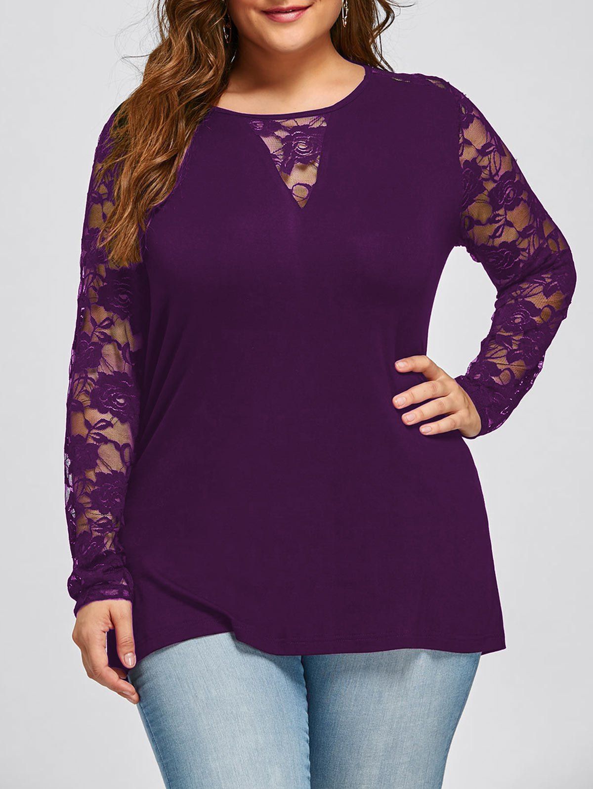 Plus Size Lace Yoke Long Sleeve Top, Purple