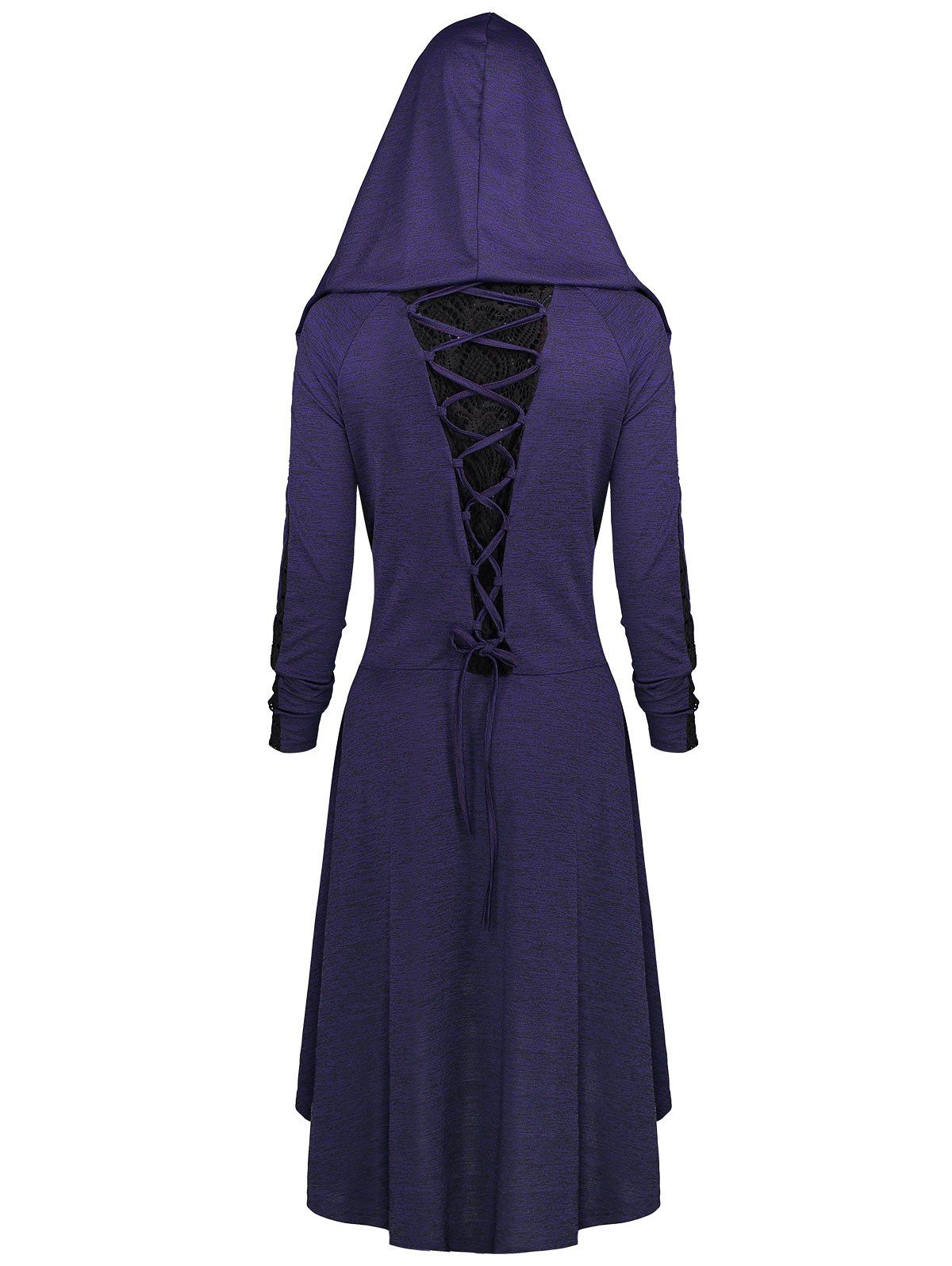 Lace Trim Plus Size Lace-up High Low Hoodie, Purple