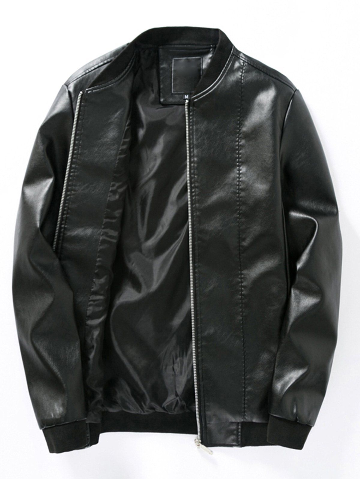 PU Leather Rib Panel Bomber Jacket, Black