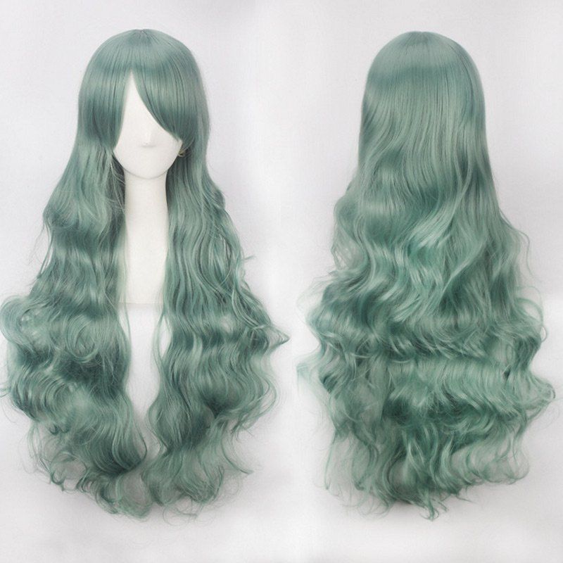 

Ultra Long Inclined Bang Fluffy Curly Synthetic Party Wig, Blackish green