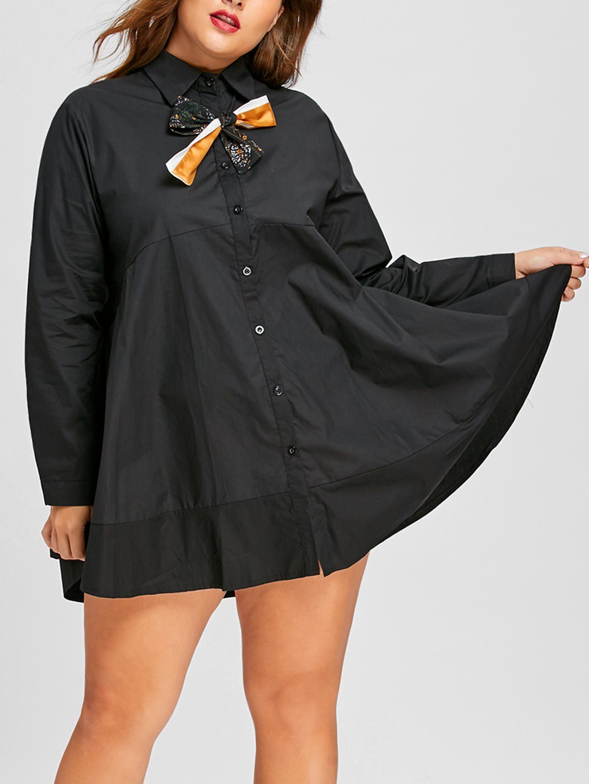 Long Plus Size Bowknot Embellished Shirt, Black