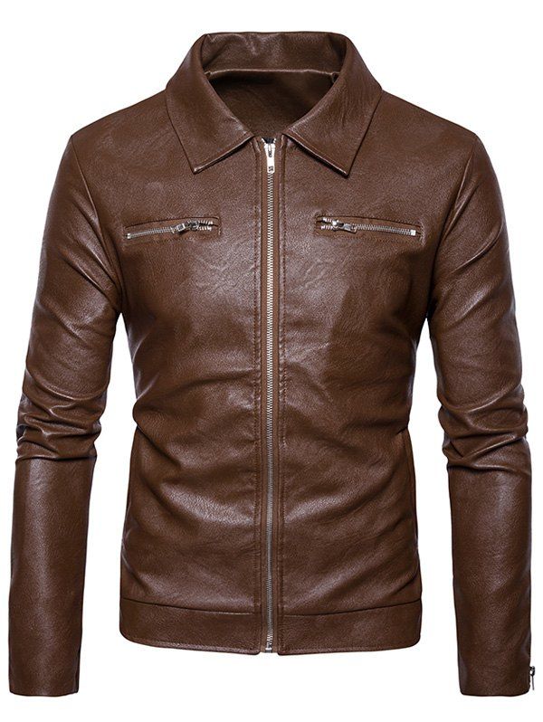 Zip Up PU Leather Jacket, Khaki