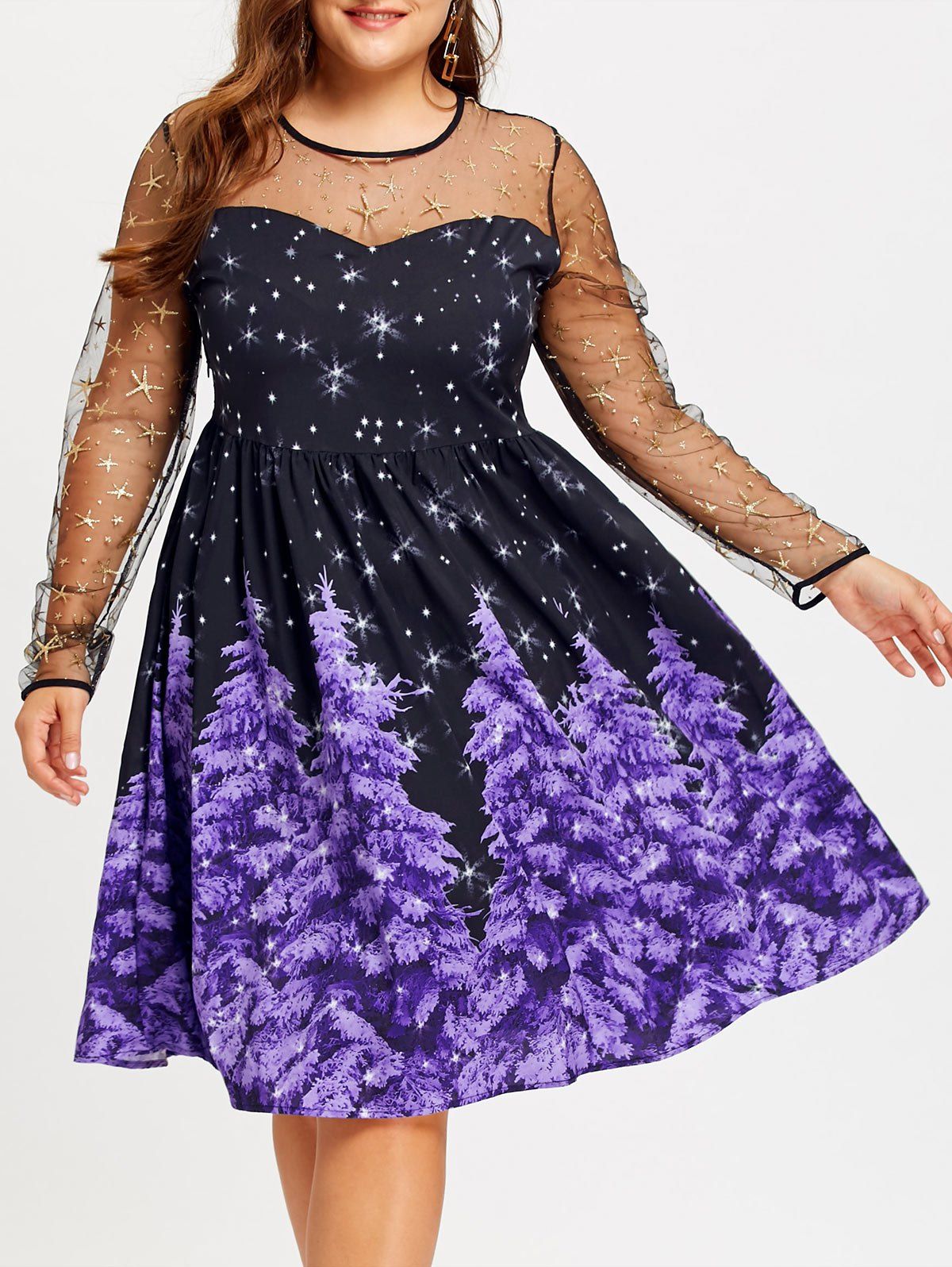 Plus Size Mesh Panel Christmas Tree and Star Print Dress, Purple