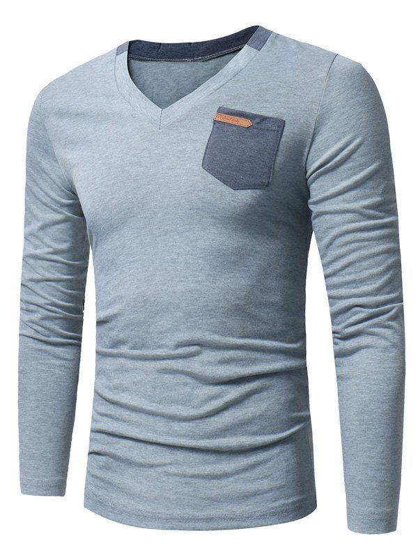 Long Sleeve Pocket Embellished T-shirt, Light gray