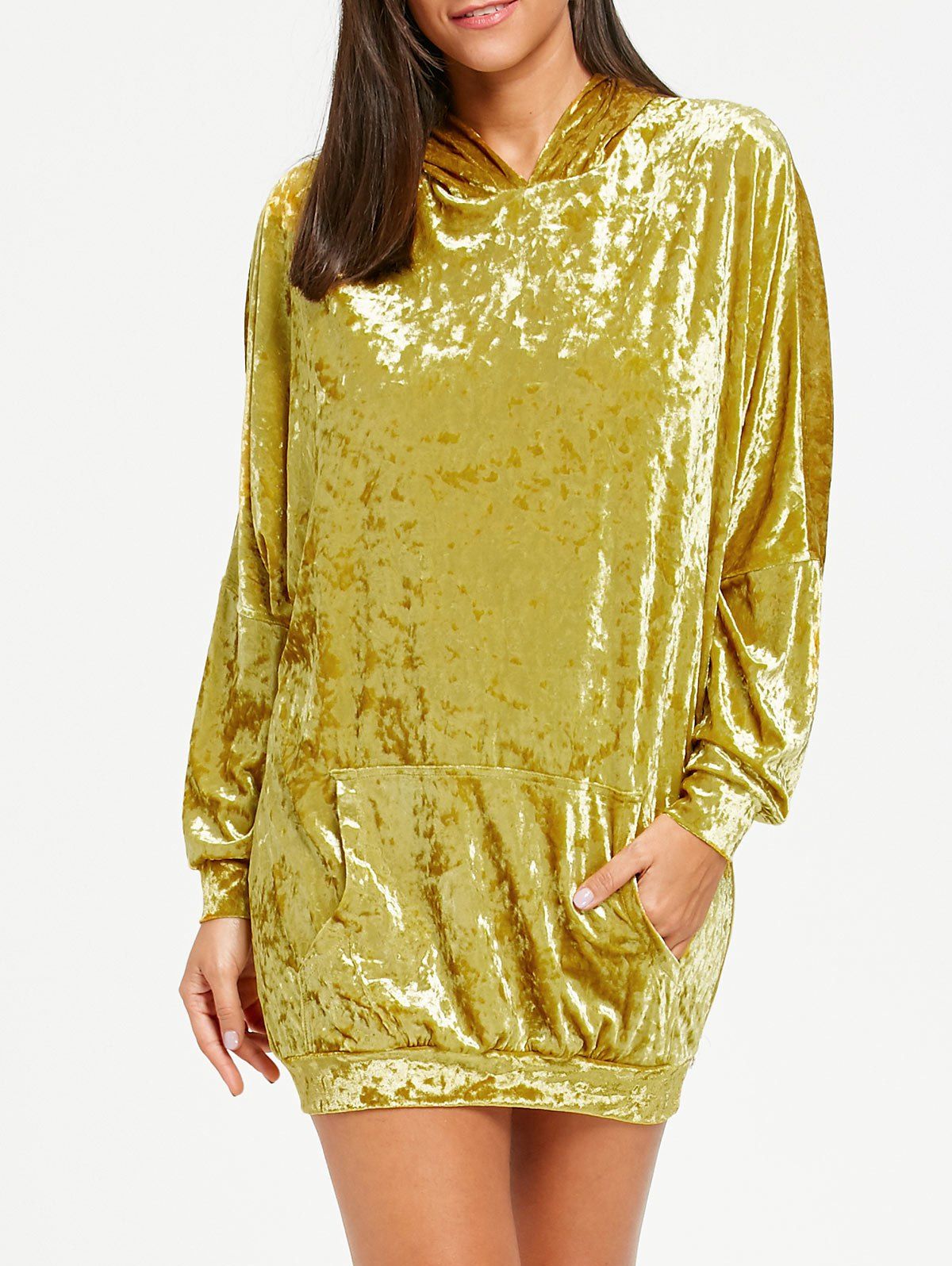 Velvet Kangaroo Pocket Drop Shoulder Hoodie, Yellow