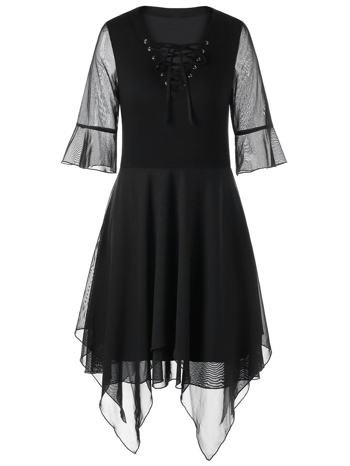 

Bell Sleeve Lace Up Handkerchief Dress, Black