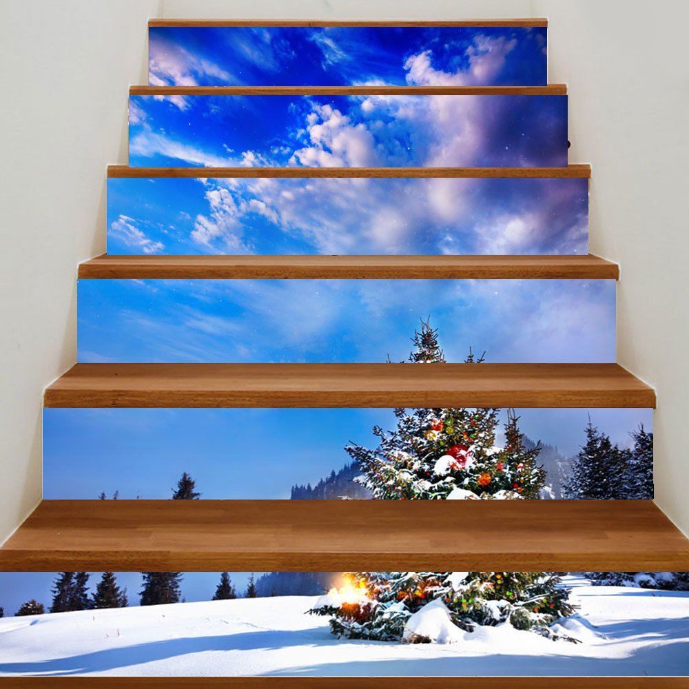 Christmas Snowscape Print Decorative DIY Stair Stickers, Sky blue